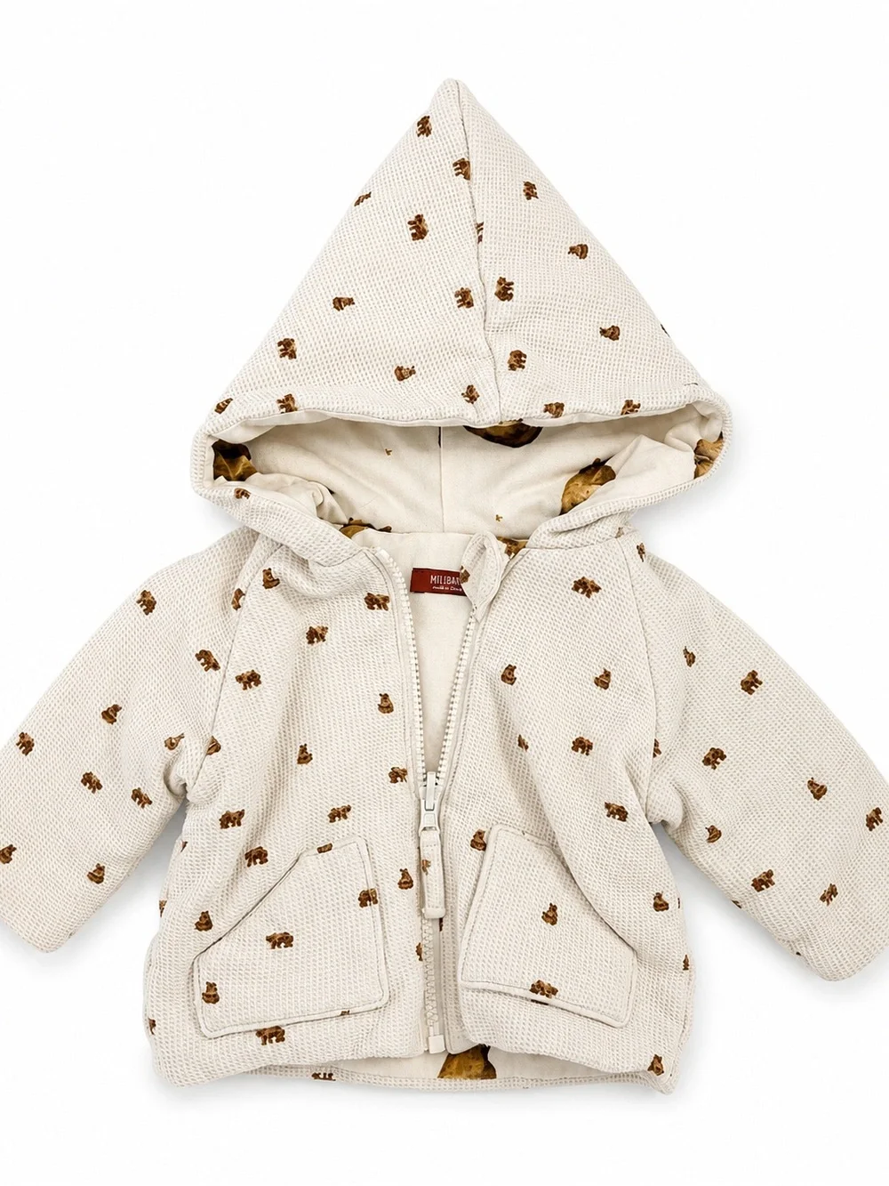 Milkbarn Hooded Zip Jacket with Bear Print - 6-12 Months